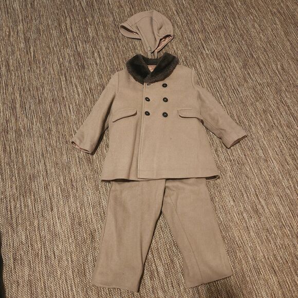 Vtg Girls KUTE KIDDIE 4T Brown Wool Coat Pants Suspenders Hat Winter Set Union